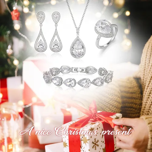 Vista 2 de Flyonce Juego de joyas de boda para novias, damas de honor, brillantes con circonita cúbica, colgante de lágrima, aretes colgantes, anillos