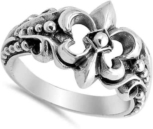 Vista 2 de Anillo Fleur De Lis de plata de ley 925 con cuentas de filigrana tamaños 5-10, Metal, Sin piedras preciosas