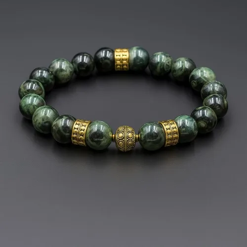 Vista 3 de Kartini Studio Pulsera de jade y oro, pulsera de cuentas de jade verde oscuro y oro, joyería de cuentas de calidad para hombre