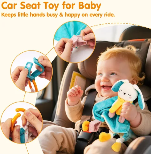 Vista 7 de hahaland Manta de seguridad Baby Lovey, juguete sensorial colgante de felpa con mordedor, sonajero y arruga para bebés de 0 a 3 a 6 a 12 meses