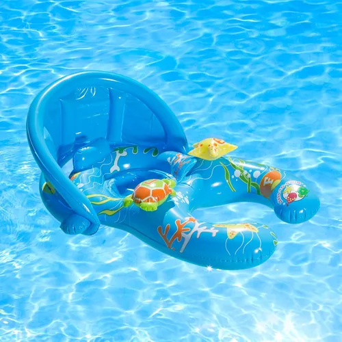 Vista 4 de Poolmaster Mommy and Me - Flotador para alberca para bebé Baby pool float with parent ring, drop seat, removable sun shade and easy inflation for