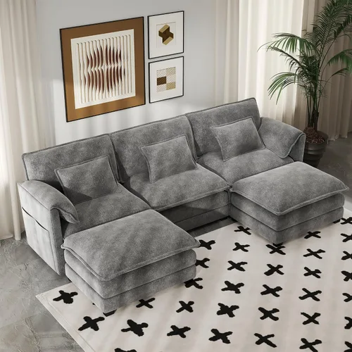 Vista 8 de Real Relax 145'' Sofá seccional modular, sofá convertible de 4 plazas con chenilla, 8 almohadas y 2 reposabrazos para sala de estar, oficina