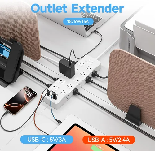 Vista 5 de Regleta de alimentación con enchufe plano, protector contra sobretensiones con 20 tomas de corriente AC y 6 puertos USB de carga, 1875 W/15 A, 2700