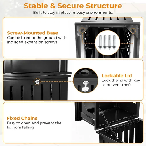 Vista 6 de BEAMNOVA Cubo de basura negro para exteriores, bandeja superior de acero inoxidable con tapa de bloqueo, contenedor de basura industrial resistente