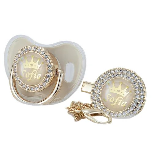 Vista 22 de Juego de Chupete y Clip Personalizado con Cualquier Nombre, Bling Oro Plata, 18 Colores, Libre de BPA, Diseño Único Lujoso, Chupete Ideal para Bebé