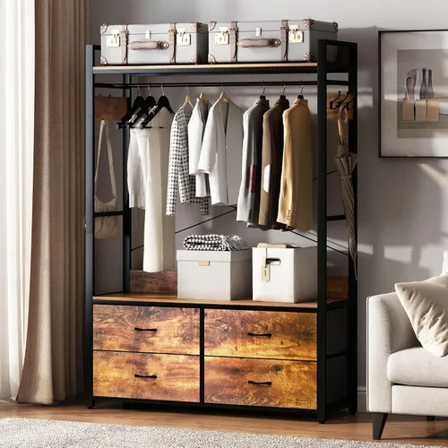 Vista 2 de Perchero para ropa con cajones, perchero para ropa con estantes y varilla para colgar, perchero de ropa industrial con almacenamiento para bolsas
