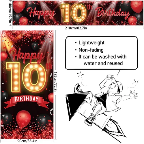 Vista 2 de Juego de carteles de feliz cumpleaños 10 para puerta, porche, decoraciones de cumpleaños de 10 años, suministros de fiesta para mujeres y hombres