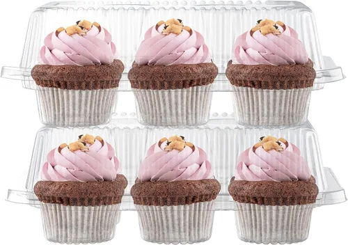 Vista 4 de Cajas de plástico para cupcakes 6 compartimentos – Paquete de 12 Soporte desechable de docena de magdalenas con tapa a granel Cajas apilables