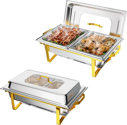 Vista 11 de ROVSUN Platos dorados para bufé, juego de bufé de 9 cuartos con tapa de vidrio, servidores y calentadores de bufé de acero inoxidable con marco