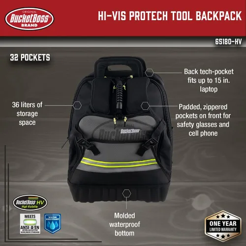 Vista 2 de Bucket Boss Paquete de herramientas de alta visibilidad Pro Tech con empuñaduras de mango StayPut, parte inferior de goma moldeada impermeable