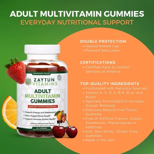 Vista 8 de Zaytun Vitamins Gomitas multivitamínicas Halal para niños y adultos, apoyo nutricional diario completo para la familia, vegetariano, apoya
