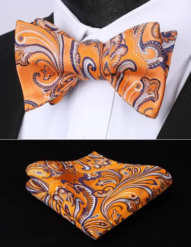 Vista 230 de HISDERN Pajaritas para hombre, corbatín de cachemira para hombre, corbata de lazo y bolsillo cuadrado, juego formal de esmoquin para boda