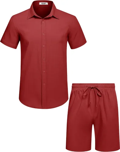 Vista 12 de COOFANDY Conjunto de 2 piezas de algodón y lino para hombre, camisas de manga corta con botones, pantalones cortos de playa de verano, trajes