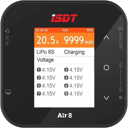 Vista 2 de ISDT Cargador de batería Air8 Lipo, cargador de equilibrio descargador 20A 500W DC 1-8S Pantalla LCD Digital Smart Battery Balance Cargador Li-Po