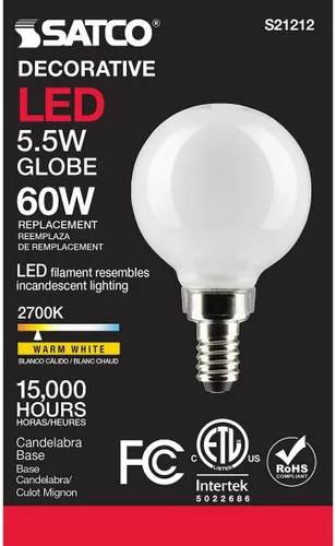 Vista 4 de Satco Bombilla LED E12 de 5.5 W, 2700 K, clasificación de 15000 horas, regulable
