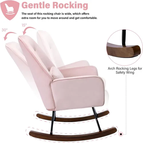 Vista 6 de Silla mecedora para el cuarto del bebé, sillón mecedor de terciopelo cargado, cómodo, silla mecedora moderna de madera maciza con patas para leer