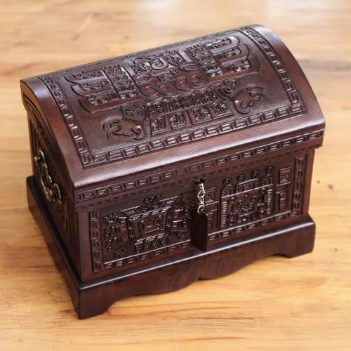 Vista 12 de NOVICA Caja de joyería de madera y cuero labrado Mohena con temática colonial, legado colonial