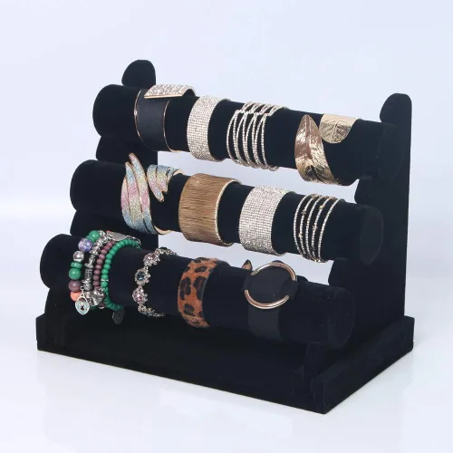 Vista 4 de Coward Organizador de pulseras de 3 niveles, soporte de terciopelo beige para banda para el pelo, organizador de reloj y coletero (terciopelo negro)