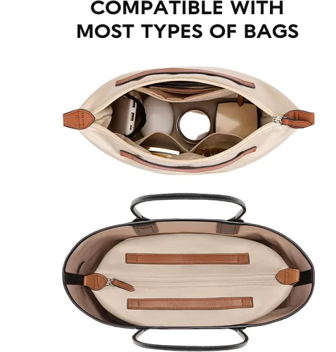 Vista 4 de Organizador de bolso con cremallera (32, beige) Organizador grande de bolsas de mano, múltiples bolsillos en posición de taza y paraguas, divisores