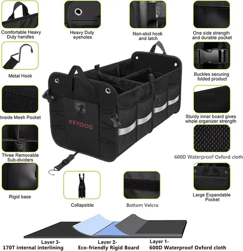 Vista 4 de Organizadores y almacenamiento para maletero de automóvil, resistente, impermeable, duradero, plegable, multiresistente, parte inferior