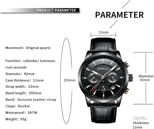 Vista 6 de CRRJU Relojes de pulsera con cronógrafo casual de cuarzo para hombre impermeable correa de cuero negro