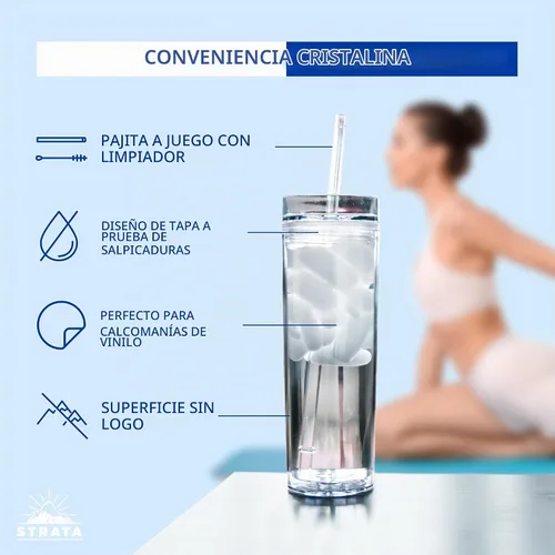 Vista 3 de STRATA CUPS 12 Vasos Transparentes Delgados con Tapas y Popotes Vaso Reutilizable de 16oz de Pared Doble Transparente con Tapa y Popote, Vasos