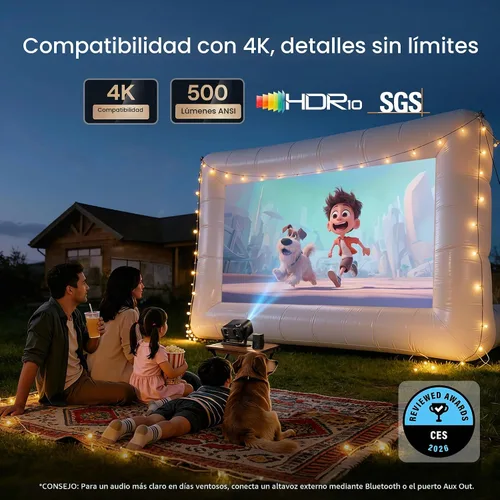Vista 4 de Aurzen BOOM mini Google TV Proyector inteligente para exteriores con audio Dolby de 20 W 4K Supported Movie Projector with WiFi and Bluetooth