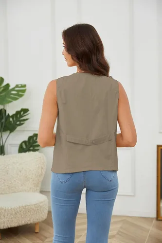 Vista 4 de YWS - Chalecos de moda para mujer, casual, sin mangas, con cuello en V, chaleco de lino y algodón