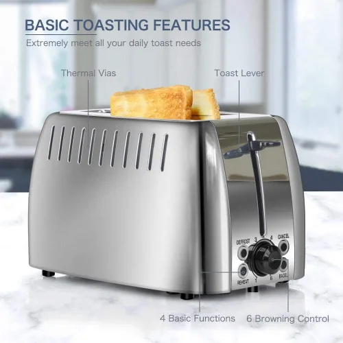 Vista 7 de Tostadoras de acero inoxidable de 2 rebanadas de ranura ancha para bagels 6 Browning Setting, Bagel/Reheat/Defrost/Cancel Function, Slim Toaster 2