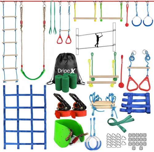 Vista 10 de Dripex - Carrera de obstáculos ninja warrior de 50 pies para niño con accesorios completos, columpio, trapecio, escalera de cuerda, red