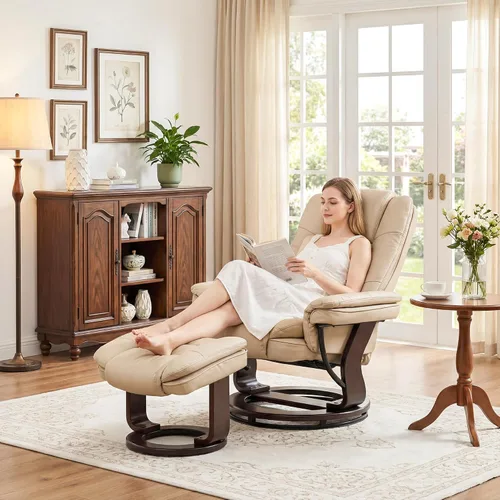Vista 3 de Sillón reclinable giratorio con sofá reclinable otomano, reposapiés, juego Beige