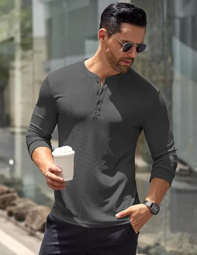 Vista 41 de COOFANDY Camisas Henley de manga larga para hombre, camisetas elásticas acanaladas, camisetas básicas casuales de moda