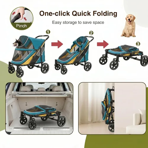 Vista 8 de Cochecito para perros medianos y grandes, plegable con un solo clic, cochecito para mascotas extra grande para 2 perros con bolsillo