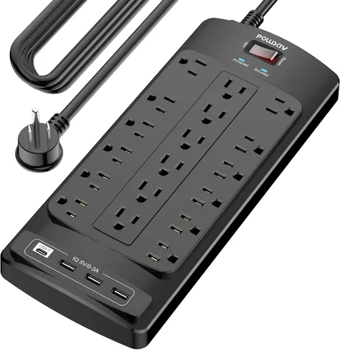 Vista 11 de Regleta protectora de sobretensiones de 18 tomas – Cable de extensión de enchufe plano de 6 pies resistente con 18 tomas amplias y 4 puertos USB