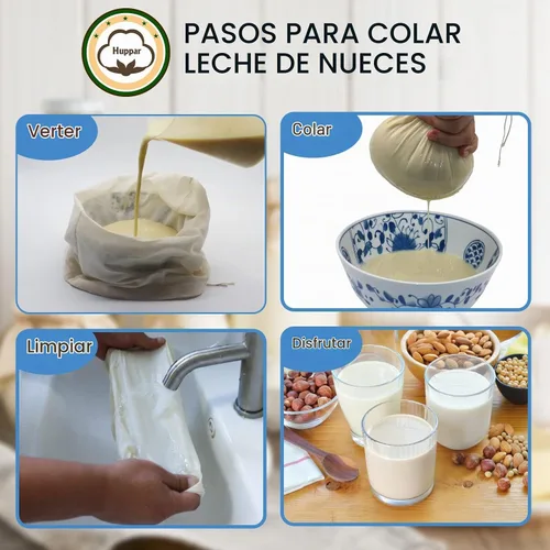 Vista 5 de Paquete de 6 bolsas de leche de nuez de 14 x 14 pulgadas, 100% algodón sin blanquear, colador de alimentos, gasa reutilizable, colar leche