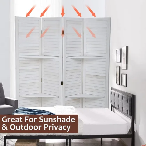 Vista 2 de Divisor de habitación de 5.7 pies de alto, pantalla de privacidad plegable de madera con tres estantes, pantalla de partición portátil para oficina