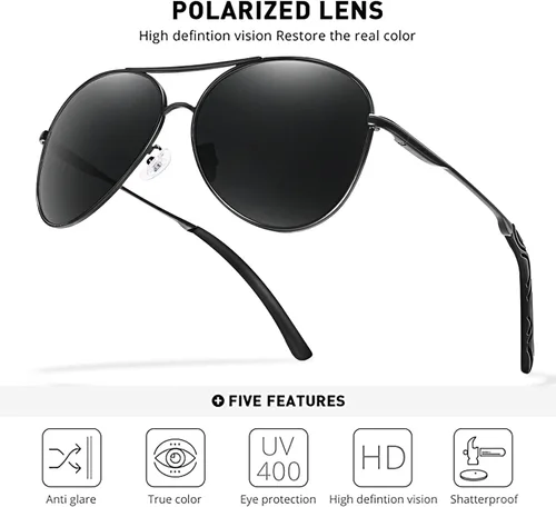 Vista 2 de BOTPOV Gafas de sol de aviador para hombres y mujeres, polarizadas, protección UV400, lente espejada, marco de metal con bisagras de resorte..