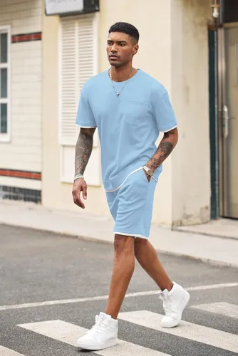 Vista 77 de COOFANDY Conjunto de camisa y pantalones cortos de gofre para hombre, conjunto de 2 piezas, conjunto casual de verano con bolsillos