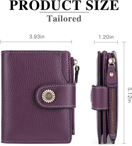 Vista 3 de FALAN MULE Cartera pequeña para mujer, de piel auténtica, plegable, compacta, pequeña, con bloqueo RFID, Púrpura, Casual