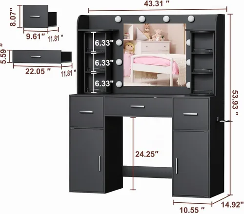 Vista 7 de EasyCom - Mesa de tocador con organizadores de joyería giratorios, tocador de maquillaje con espejo y luces, mesa de vestir con estación de carga