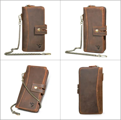 Vista 3 de Handadsume Genuino caballo loco cuero viaje regalo moneda bolsillo tarjeta caso largo organizador cadena Rfid monedero con broche para hombres