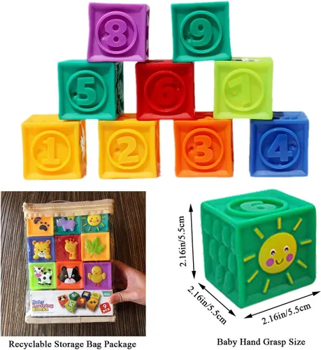 Vista 3 de Kingtree Bloques para bebés, 9 piezas de bloques de construcción suaves para bebés de más de 6 meses, juego de bloques educativos de dentición
