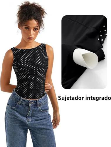 Vista 4 de SUUKSESS Camisetas sin mangas con respaldo abierto y cuello barco acolchado para mujer, con doble forro, camisas básicas Negro (Black Polka Dots)