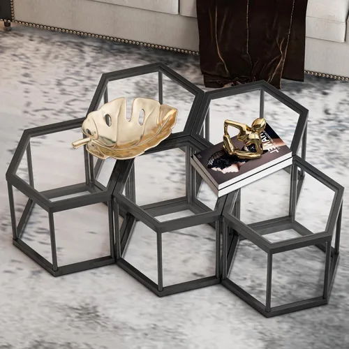 Vista 5 de Mesa de centro moderna de cristal, mesa de centro de cristal combinada, sin hexágonos, mesas auxiliares pequeñas con marco de metal para sala