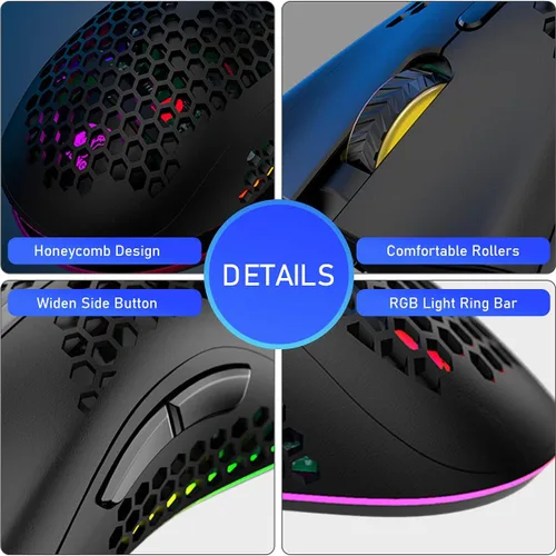 Vista 6 de Ratón inalámbrico ligero para juegos con 7 botones, retroiluminación RGB múltiple, carcasa ergonómica perforada, sensor óptico ajustable, DPI