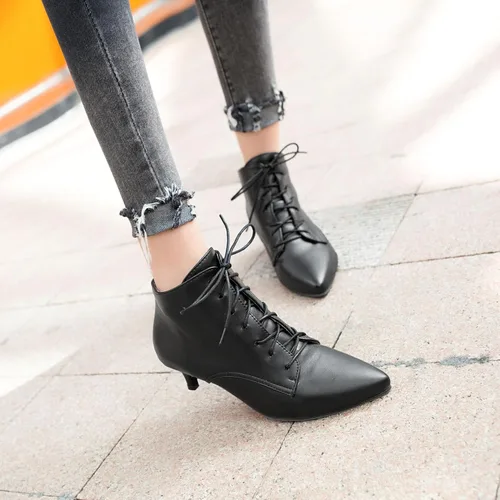 Vista 3 de SEIFIN Botines con cordones para mujer, tacón bajo y medio, con cremallera lateral, botines cortos con puntera puntiaguda