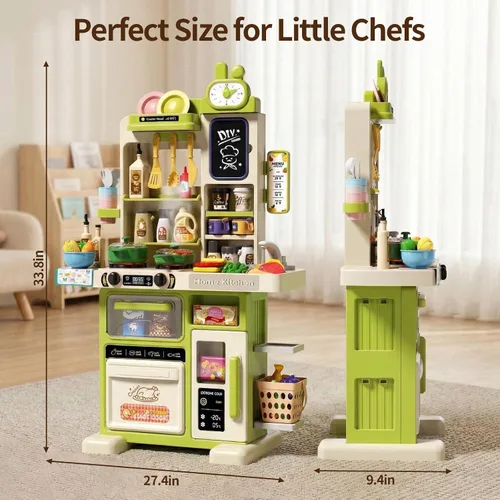 Vista 2 de Juego de cocina para niños de 33.8 pulgadas - 70 piezas con sonido y luz - Estufa de cocina con vapor, fregadero de juego y accesorios de cocina