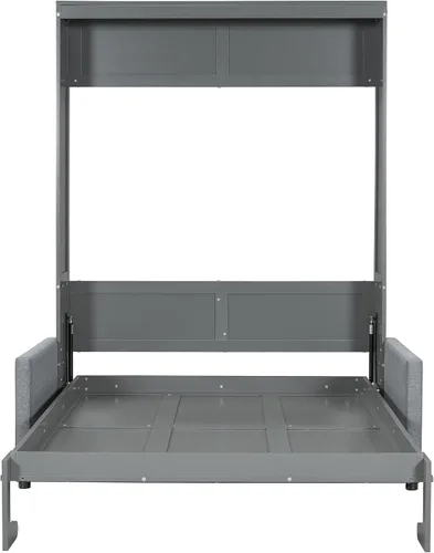 Vista 7 de Cama Murphy de tamaño completo, cama Murphy de madera con cojín, cama de pared con sofá para oficina en casa o habitación pequeña, gris