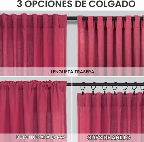 Vista 3 de Cortinas rosa intenso para sala de estar de 84 pulgadas de largo, juego de 2 paneles con pestaña trasera y bolsillo, cortinas de lino