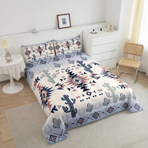 Vista 3 de Manfei Juego de edredón geométrico azteca, tamaño individual, juego de ropa de cama de cactus, vaquera occidental, decoración de habitación de niños